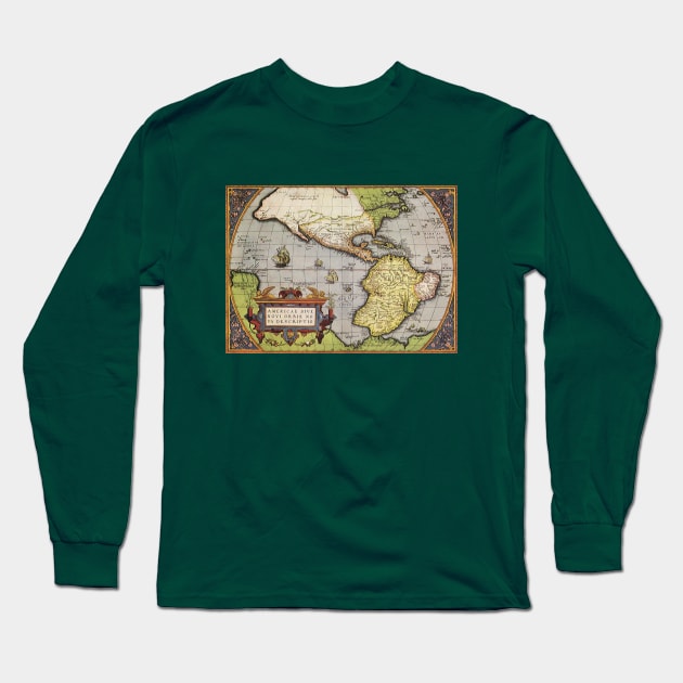 Antique World Map of the Americas by Abraham Ortelius Long Sleeve T-Shirt by MasterpieceCafe